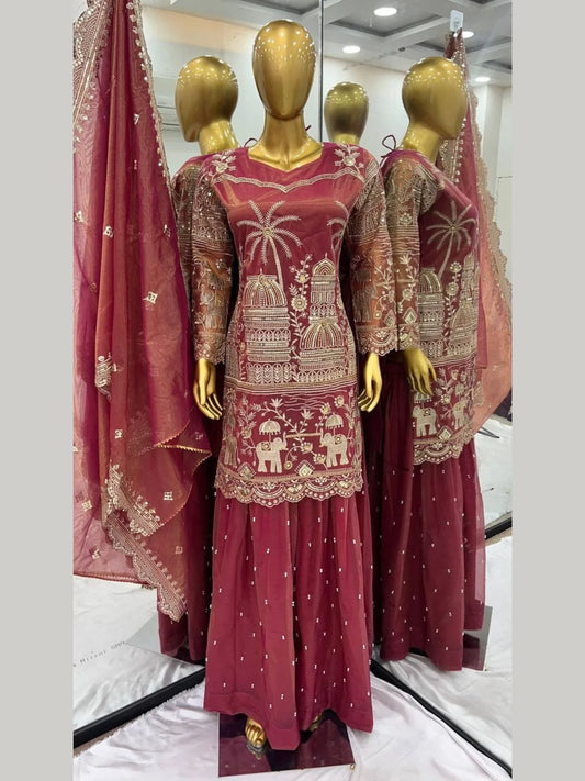 Designer Festive Kurta Sharara Set with Heavy Embroidery & Dupatta Wholesale Price