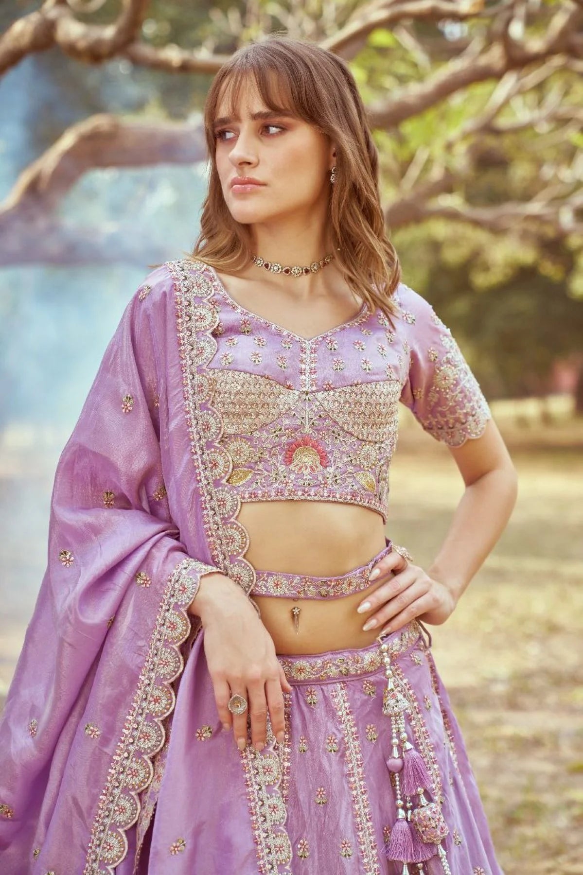 Luxury Heavy Bridal Tissue Lehenga Lavender Gold Multi Embroidery Cream Crush Moti Dupatta Surat Export Design Trendy Collection for Dealers