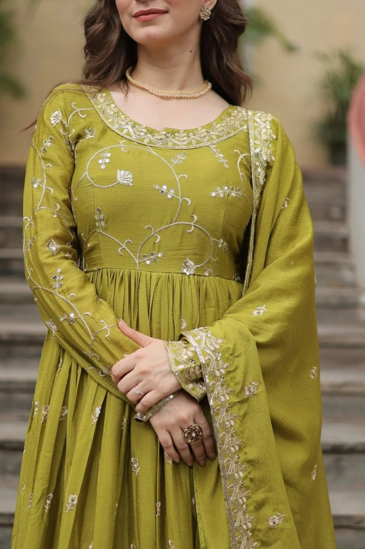 Stunning Parrot Color Chinon Designer Embroidered Salwar Suit