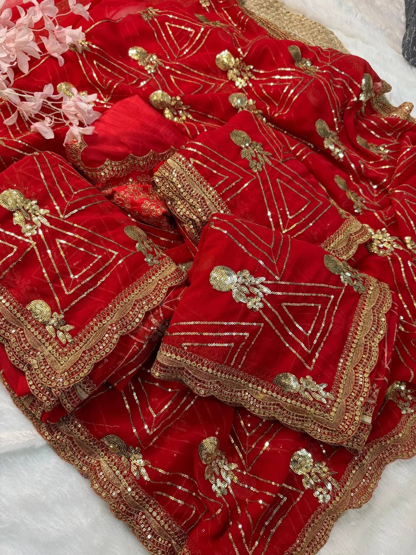 URVASHI Stunning Red Georgette Saree with Silk Embroidered Blouse