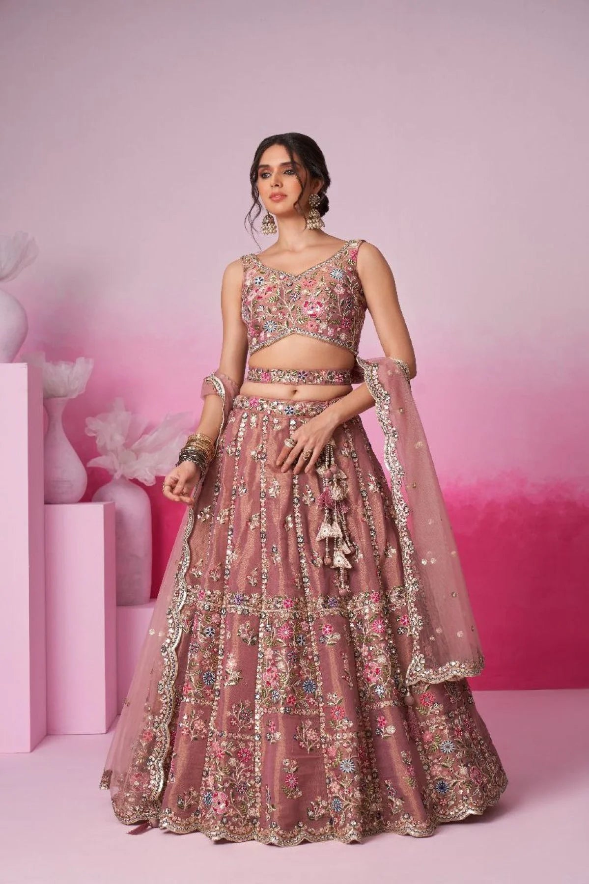 Rose Gold Wedding Lehenga Choli Heavy Mirror Moti & Sequin Work with Dupatta Set Premium Online Wholesale Fashionwear