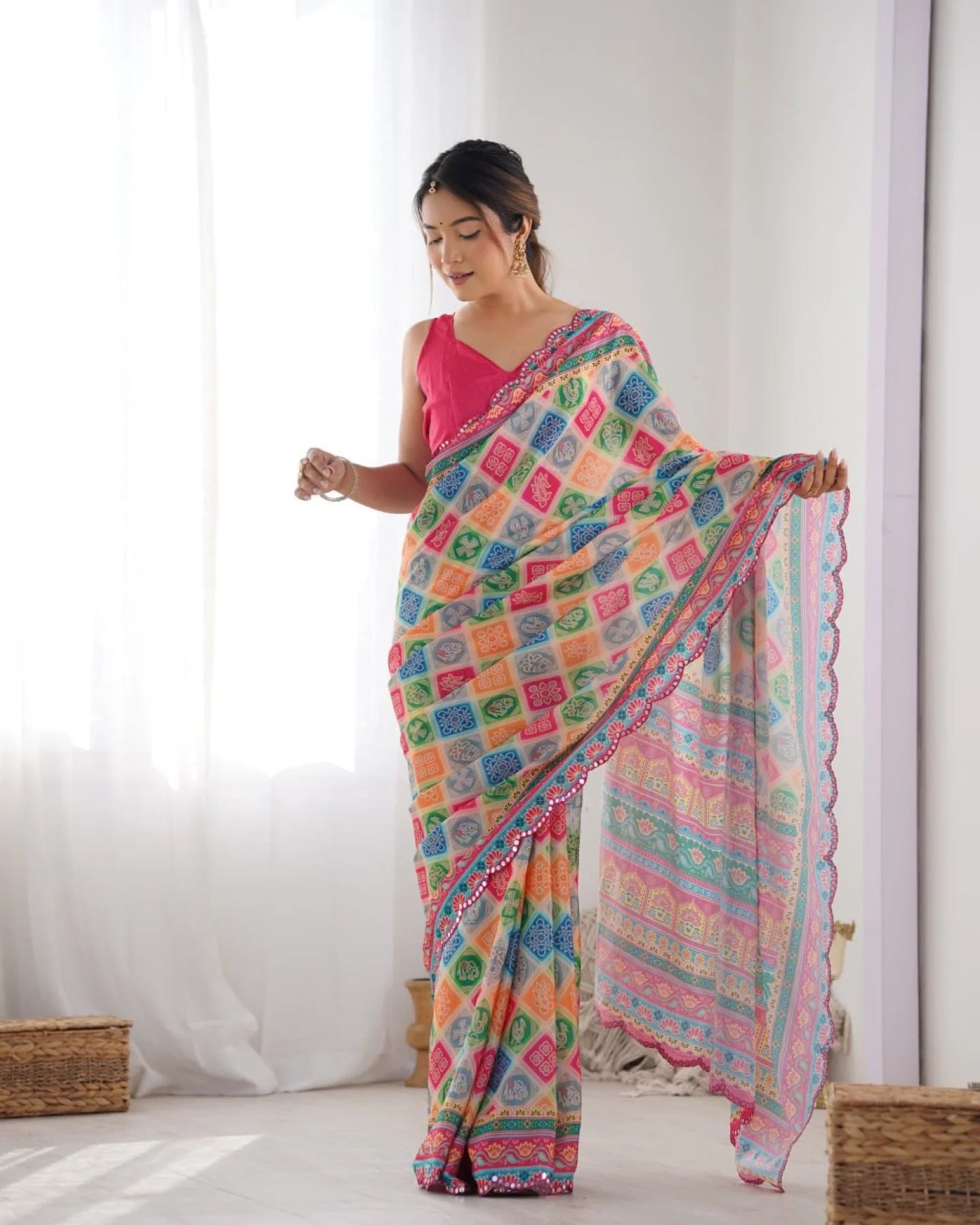 Multi-Color Printed Chinon Saree with Designer Mirror Lace Surat-Based Supplier Buy Now at Best Price