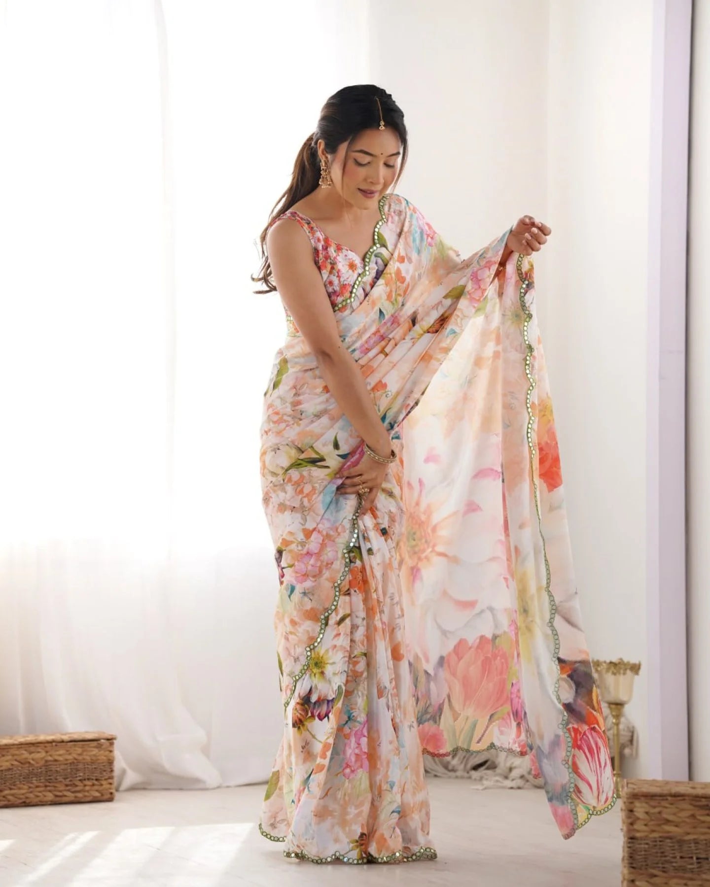 Attractive Floral Chinon Saree with Traditional Kutchi Mirror Lace & Matching Blouse Ethnic Designer Wear from Surat