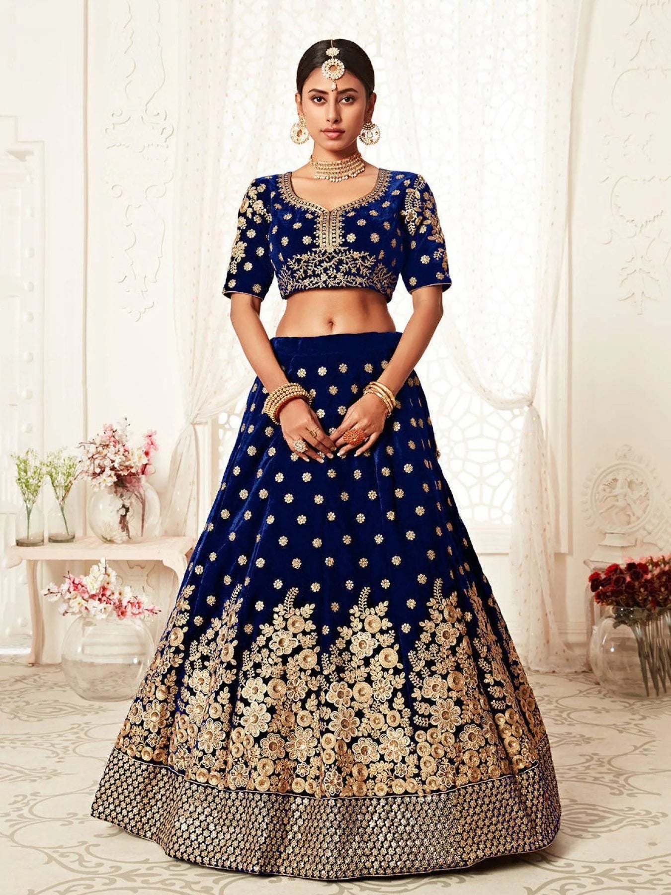 Royal Velvet Wedding Lehenga Choli Navy Blue Velvet with Heavy Floral Zari Sequins Work