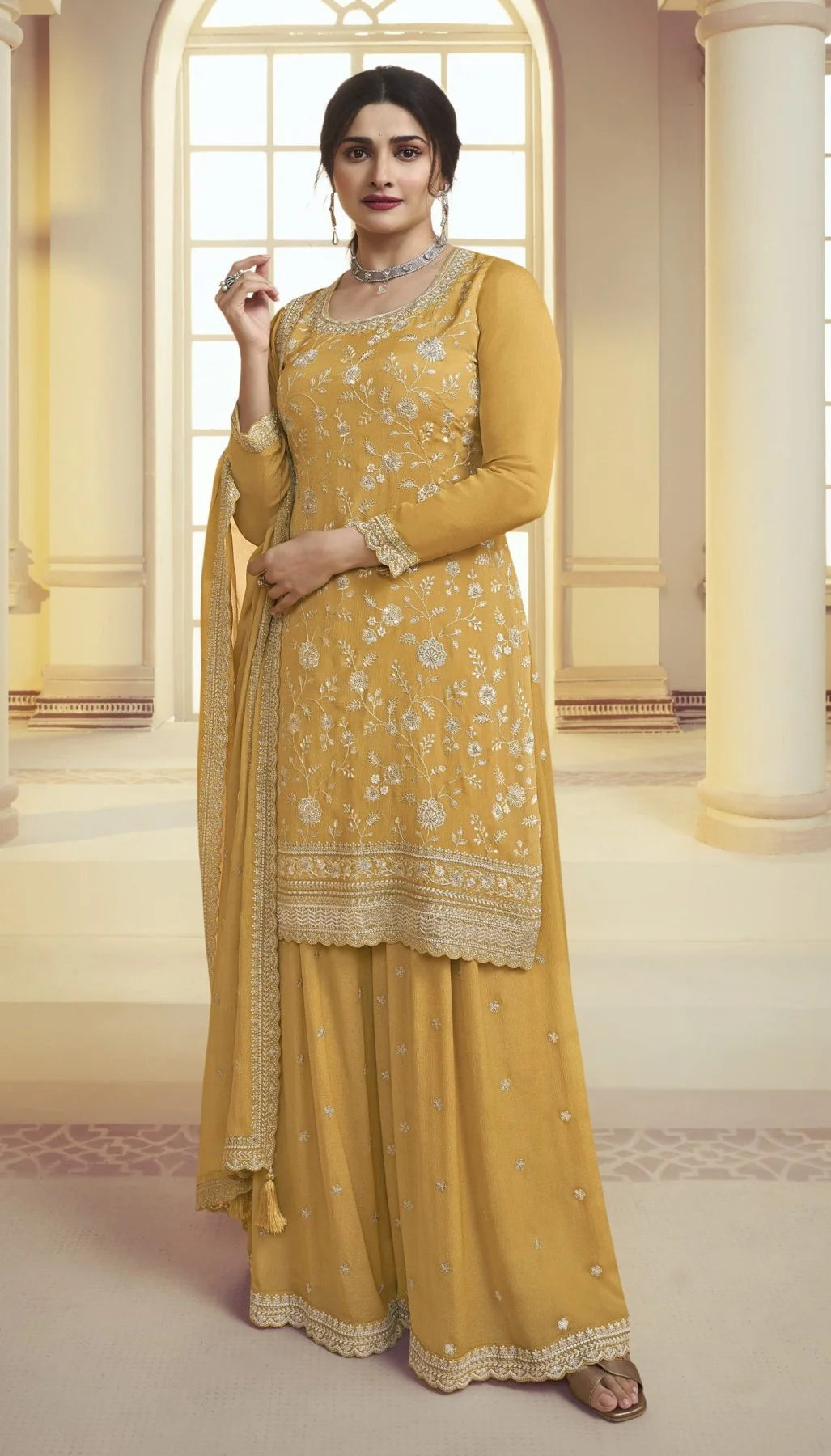 Beautiful Chinon Embroidered Work Sharara Suits Collection