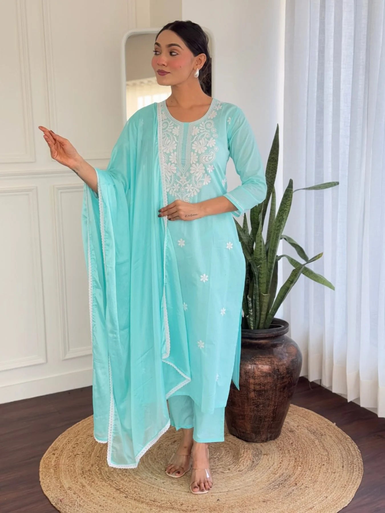 Daily Wear Cotton Kurti Pant Set with Embroidered , Chinnon Dupatta Ready to Wear 3 Piece Suit for Women Wholesale Price