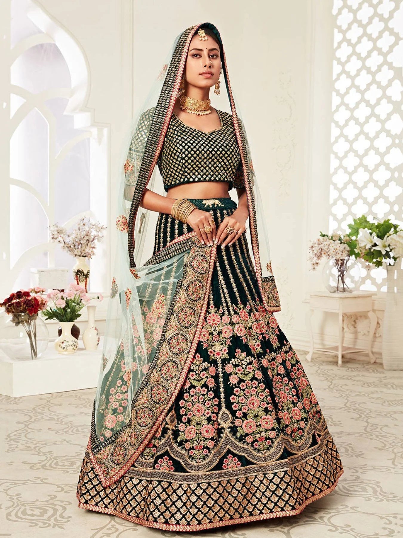 Exclusive Bridal Lehenga Choli Set Pure Velvet with Heavy Thread Zari Embroidery Work Best Offer Wholesale Rates Available