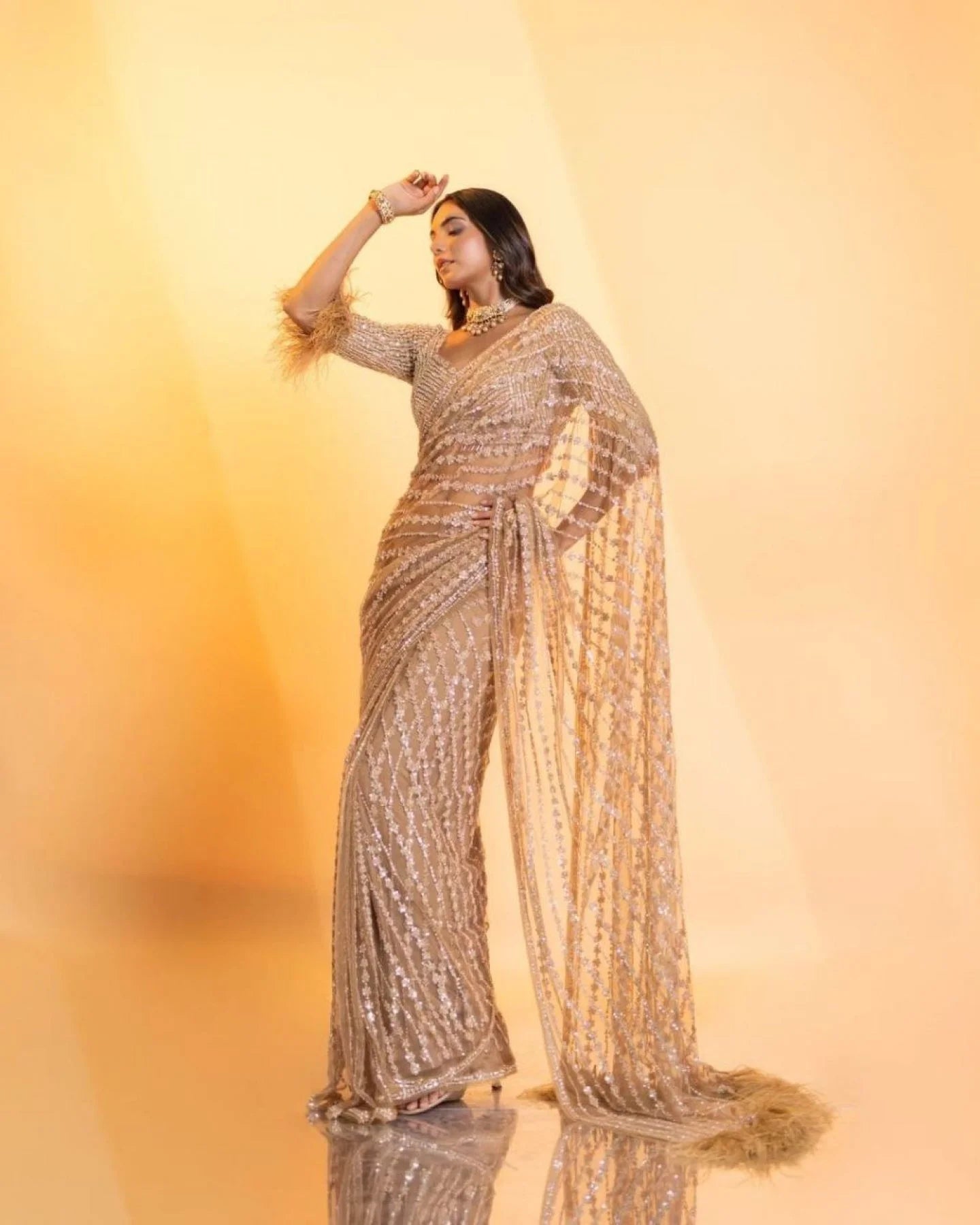 Beautiful fancy Sequance Embroidery Work With Feather Lace In Pallu Border Saree