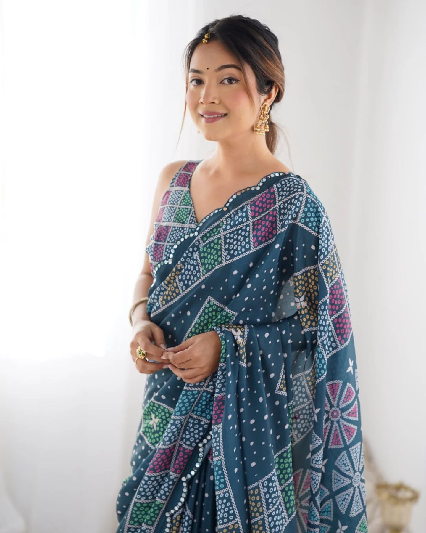Dark Blue Heavy Chinon Digital Print Saree with Mirror Lace Border Online Exclusive Designer Collection