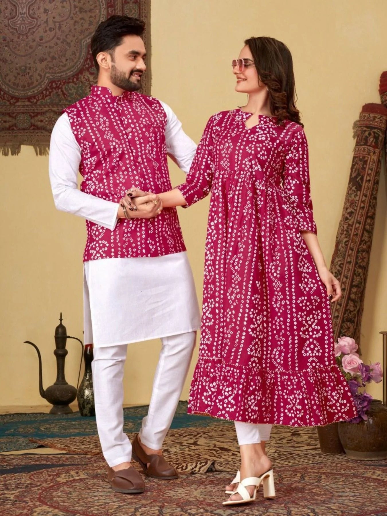 Festivals And Special Occasions Couple Combo Bandhni Print