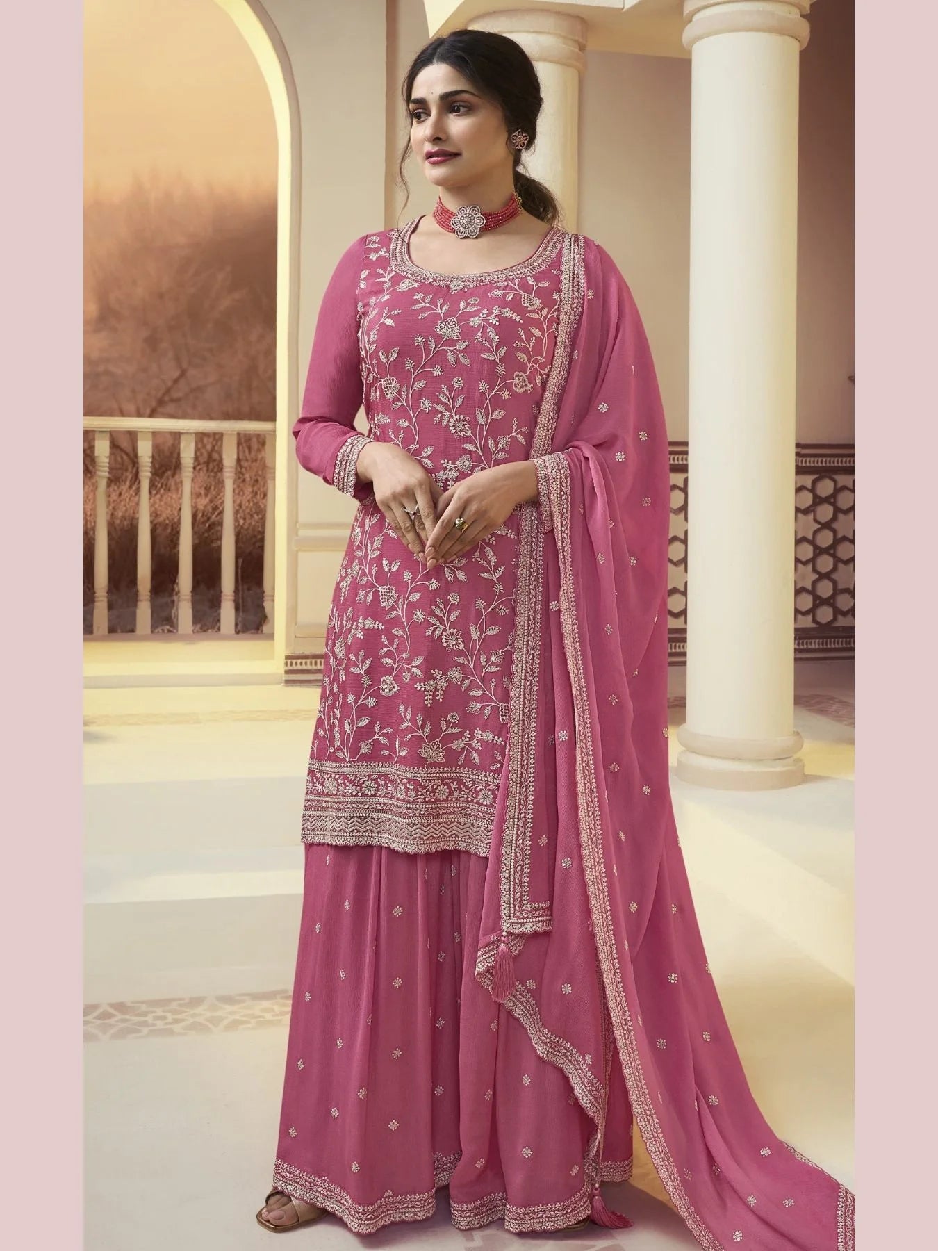 Beautiful Chinon Embroidered Work Sharara Suits Collection