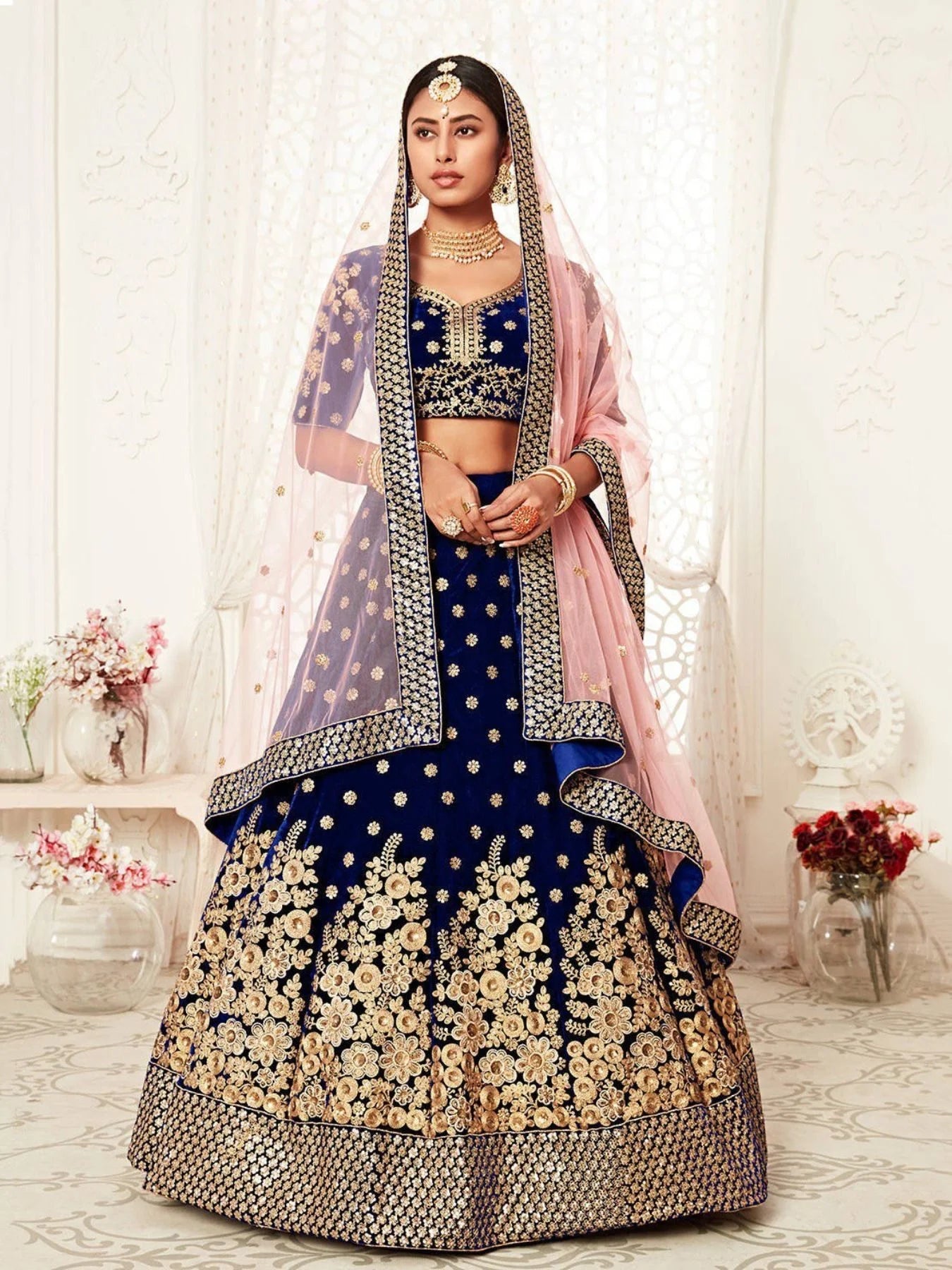 Royal Velvet Wedding Lehenga Choli Navy Blue Velvet with Heavy Floral Zari Sequins Work
