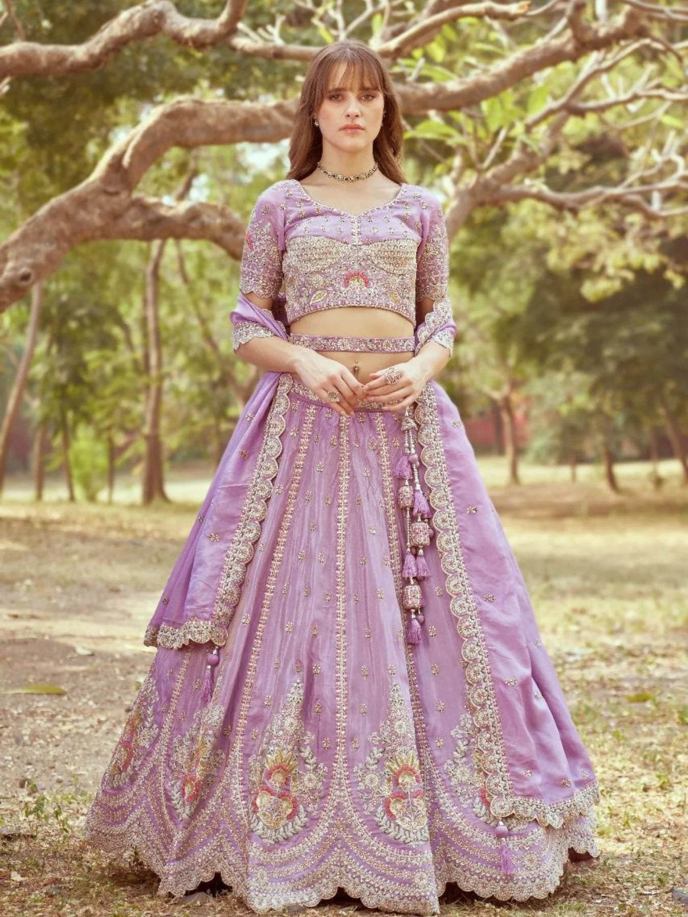 Luxury Heavy Bridal Tissue Lehenga Lavender Gold Multi Embroidery Cream Crush Moti Dupatta Surat Export Design Trendy Collection for Dealers