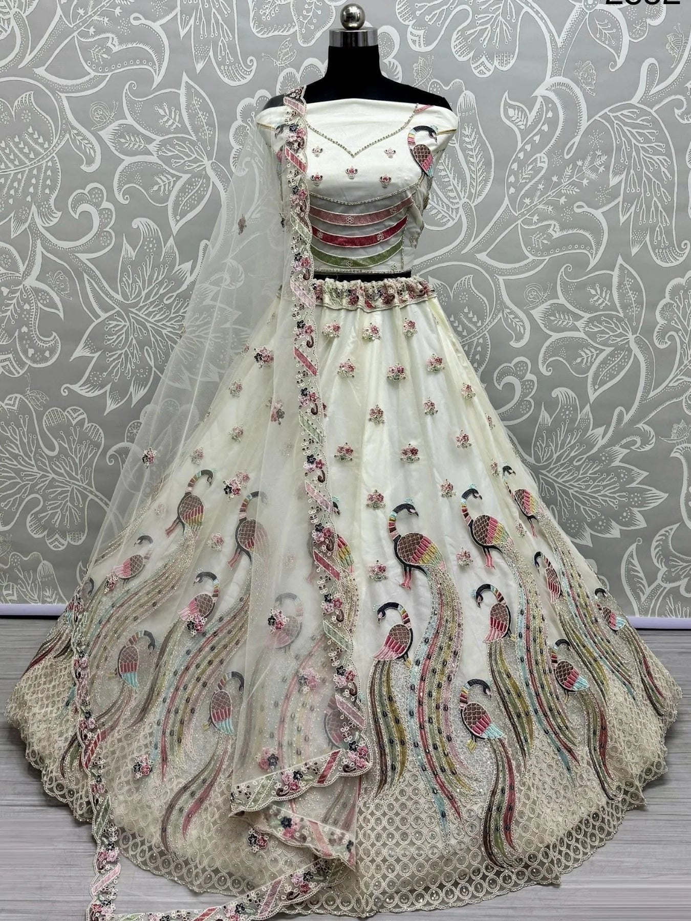 Peacock Pattern Multi-Thread Embroidered Net Lehenga Choli 2025 Partywear Collection from Surat Manufacturer