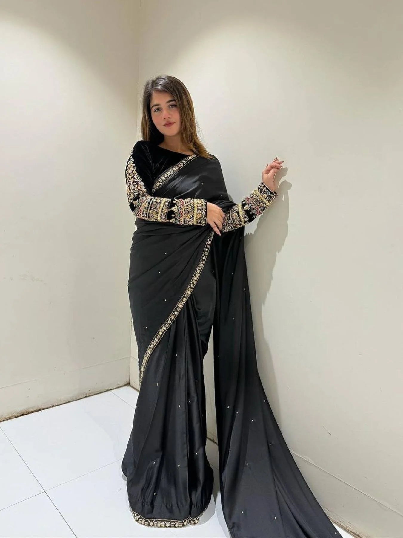 Designer Bollywood Style Velvet saree with embroidery work