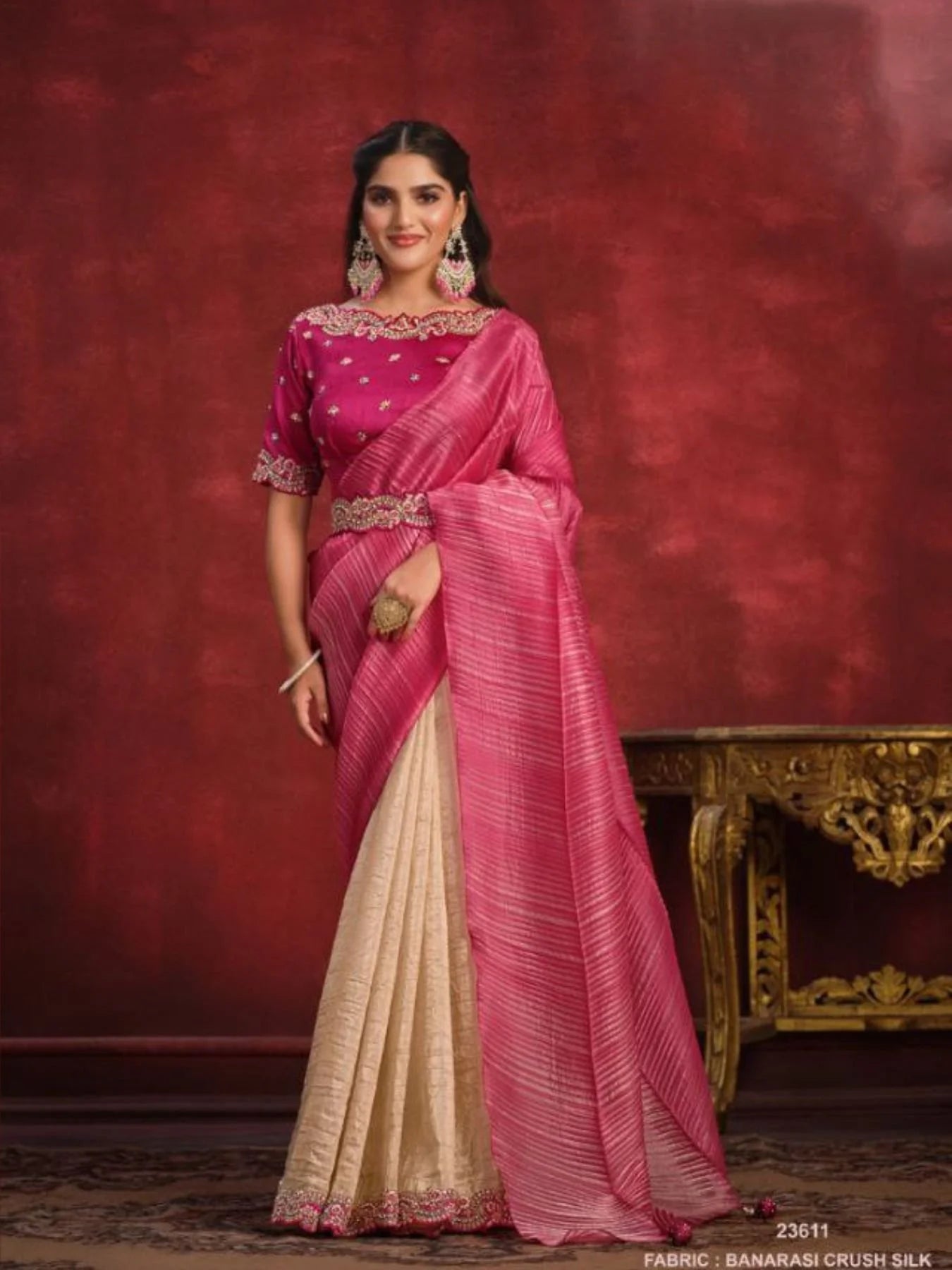 Banarasi Crush Silk Sequence Thread Work Bollywood Saree With Texture Pallu