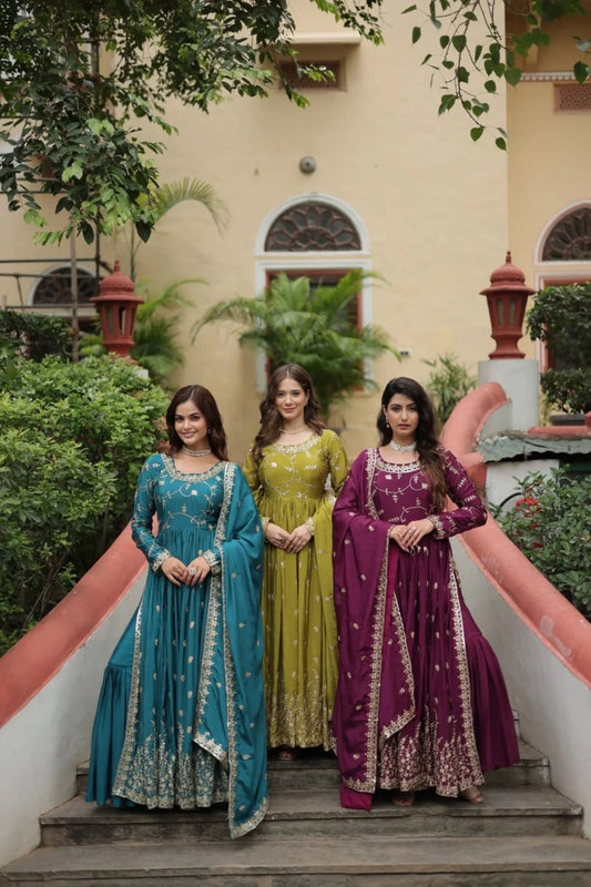 Stunning Rama Color Chinon Designer Embroidered Salwar Suit