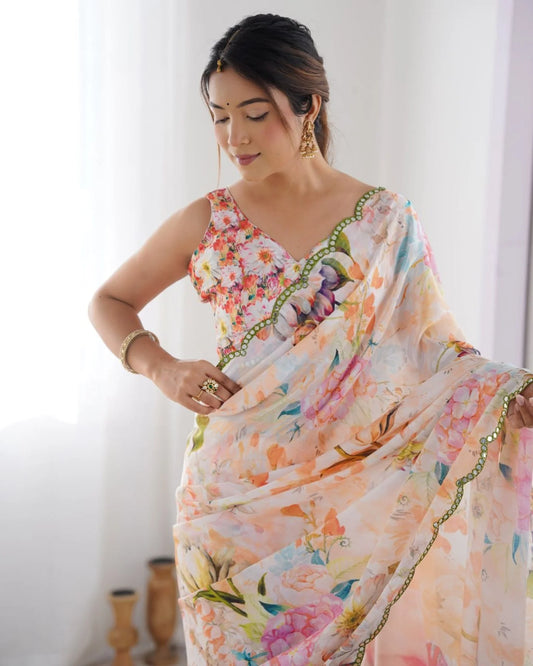 Attractive Floral Chinon Saree with Traditional Kutchi Mirror Lace & Matching Blouse Ethnic Designer Wear from Surat