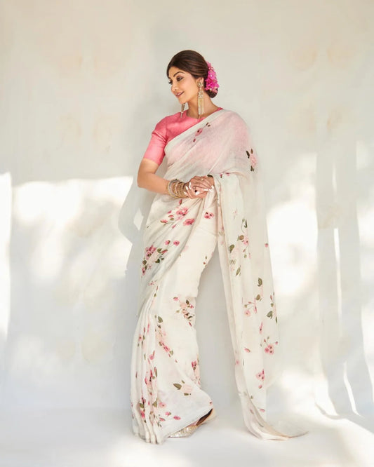 Shilpa Shetty Digital Print Linen Silk Saree Summer Best Offer