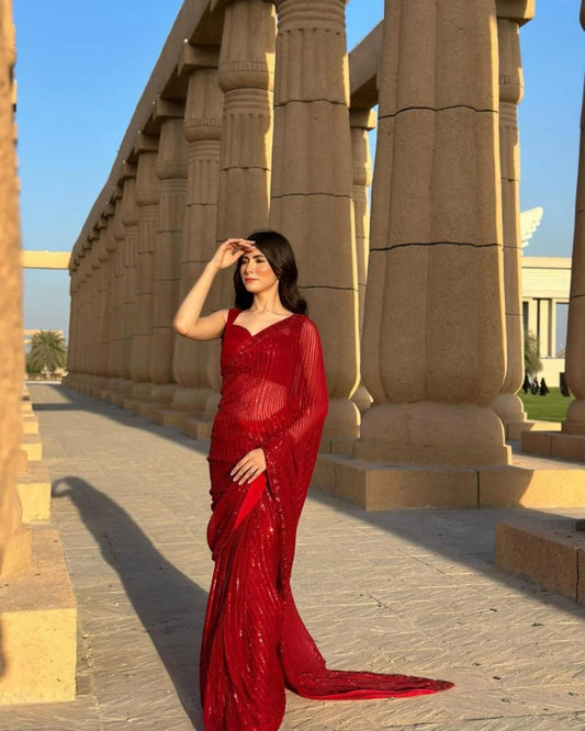 Radiant Red Soft Georgette Saree with Heavy Sequence Work For Partywear