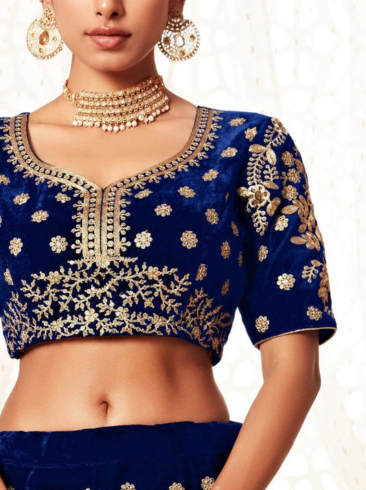 Royal Velvet Wedding Lehenga Choli Navy Blue Velvet with Heavy Floral Zari Sequins Work
