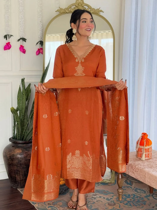 Orange Viscose Jacquard Embroidered Kurti Set with Chanderi Bottom & Dupatta 3-Piece Party/Wedding Wear Suit at Best Price