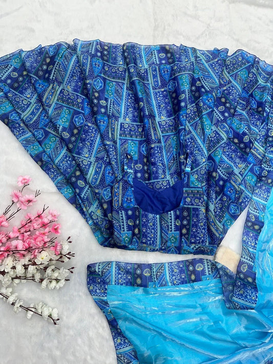 Pure Jimmy Blue Color Organza silk digital Printed Padded Gown in with Duppta