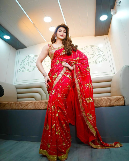 URVASHI Stunning Red Georgette Saree with Silk Embroidered Blouse