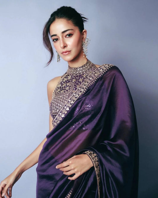 ananya Bollywood Celebrity Purple Saree Partywear in Jimmi Choo Fabric with Starry Sequins Wholesale Price