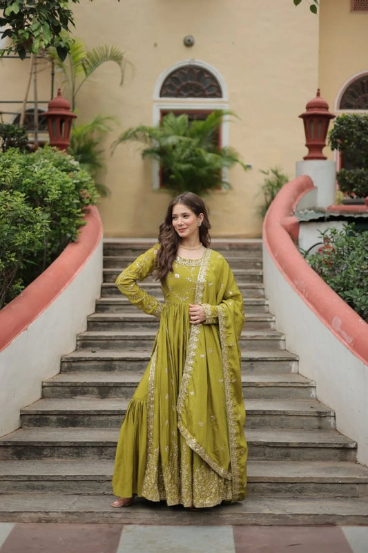 Stunning Parrot Color Chinon Designer Embroidered Salwar Suit
