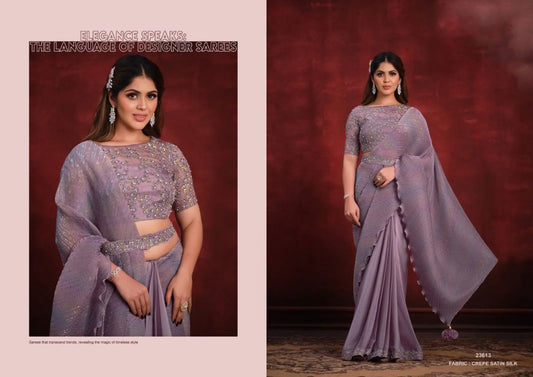 Designer Crepe Satin Silk Sequence Thread Party Wear Saree With Stone Work At Low Price