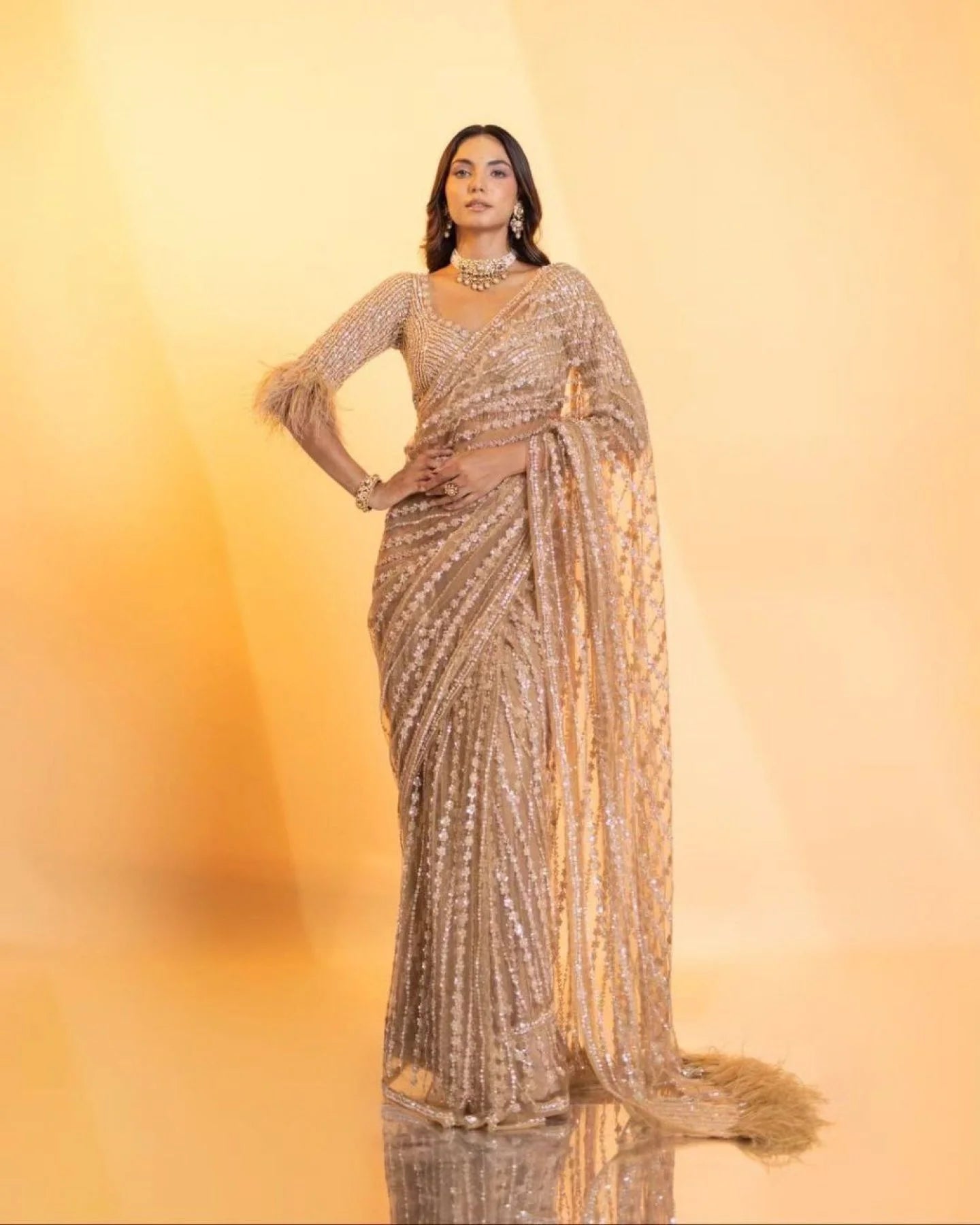 Beautiful fancy Sequance Embroidery Work With Feather Lace In Pallu Border Saree
