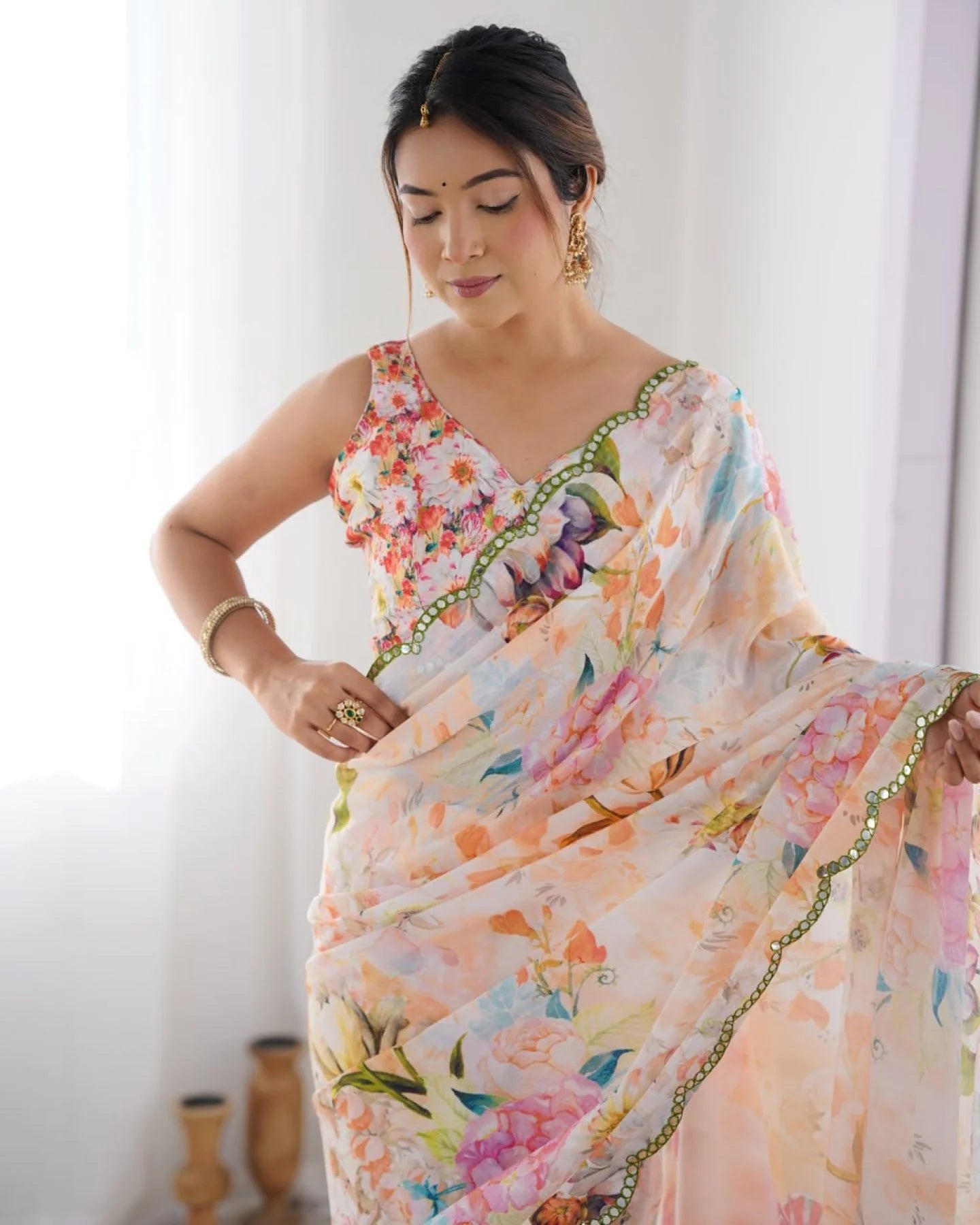 Attractive Floral Chinon Saree with Traditional Kutchi Mirror Lace & Matching Blouse Ethnic Designer Wear from Surat
