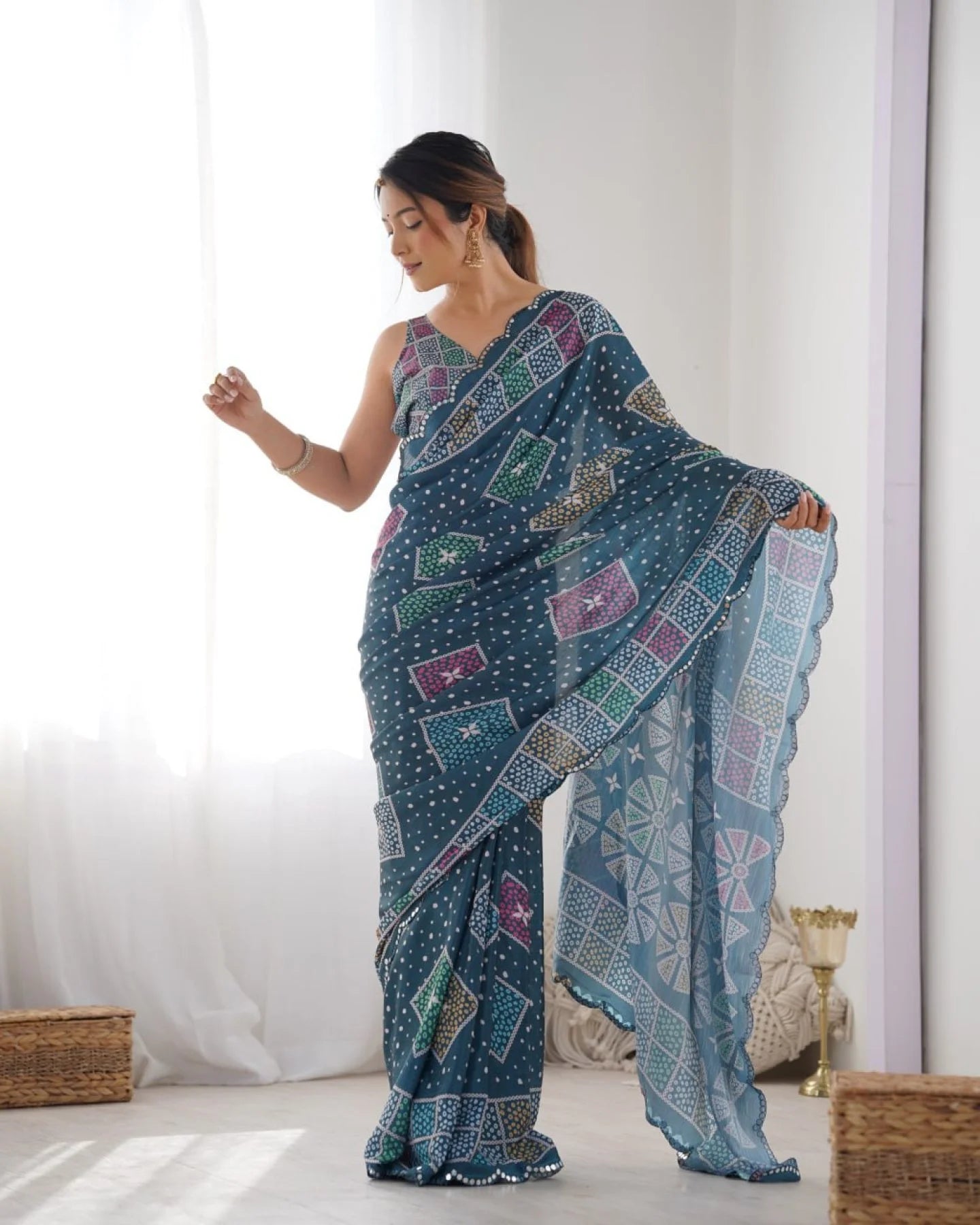 Dark Blue Heavy Chinon Digital Print Saree with Mirror Lace Border Online Exclusive Designer Collection