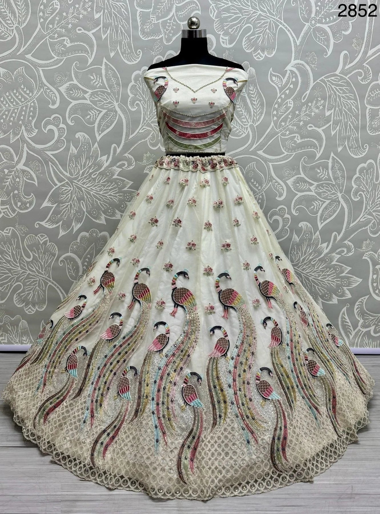 Peacock Pattern Multi-Thread Embroidered Net Lehenga Choli 2025 Partywear Collection from Surat Manufacturer