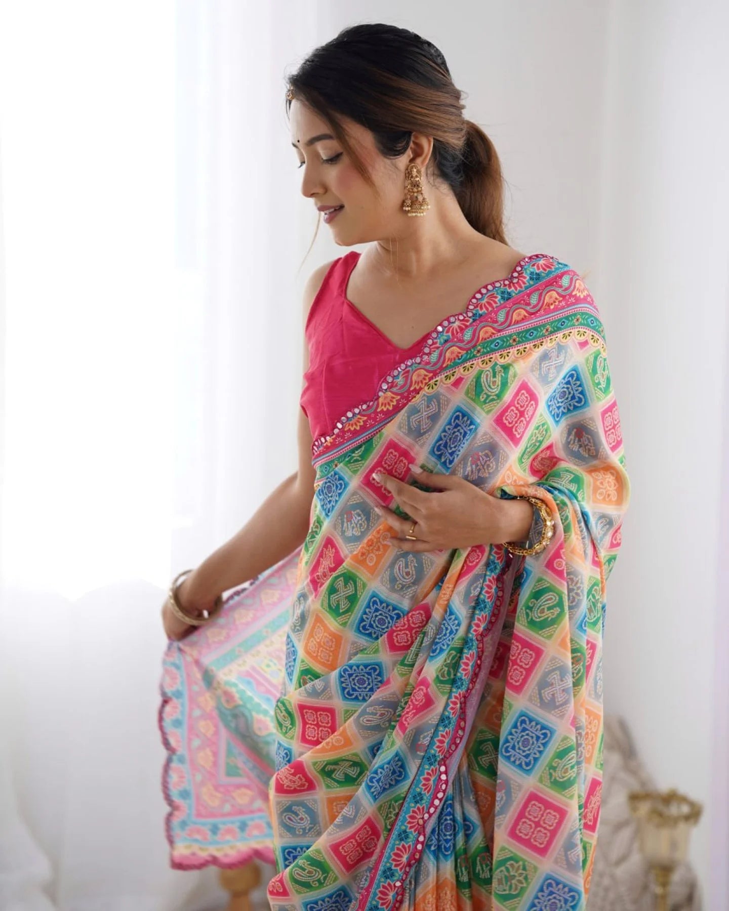 Multi-Color Printed Chinon Saree with Designer Mirror Lace Surat-Based Supplier Buy Now at Best Price