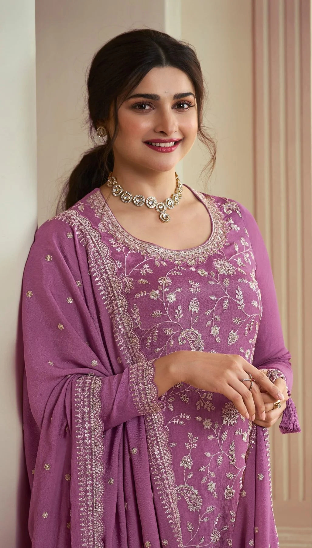 Beautiful Chinon Embroidered Work Sharara Suits Collection