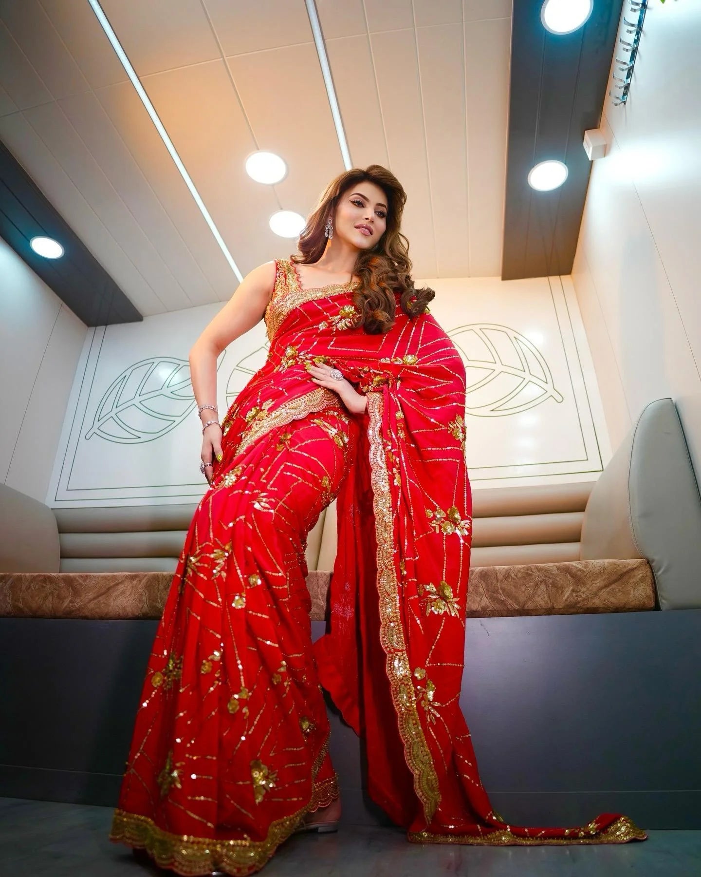 URVASHI Stunning Red Georgette Saree with Silk Embroidered Blouse
