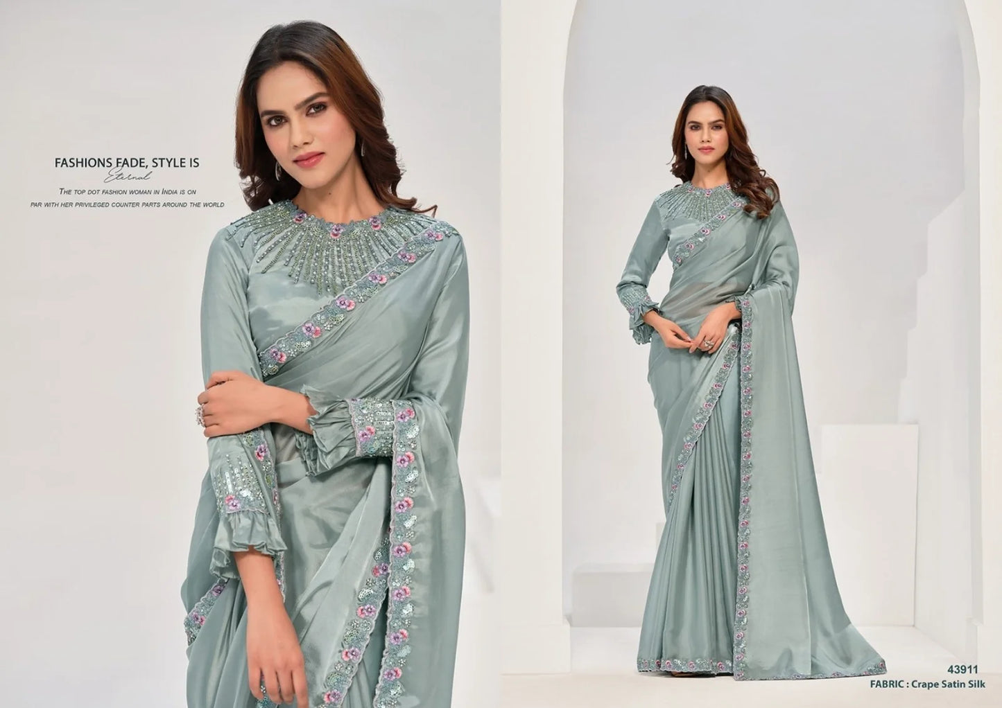 Party Wear Crape Satin Silk Saree Collection Norita 43900 Series Saanjh Catalog