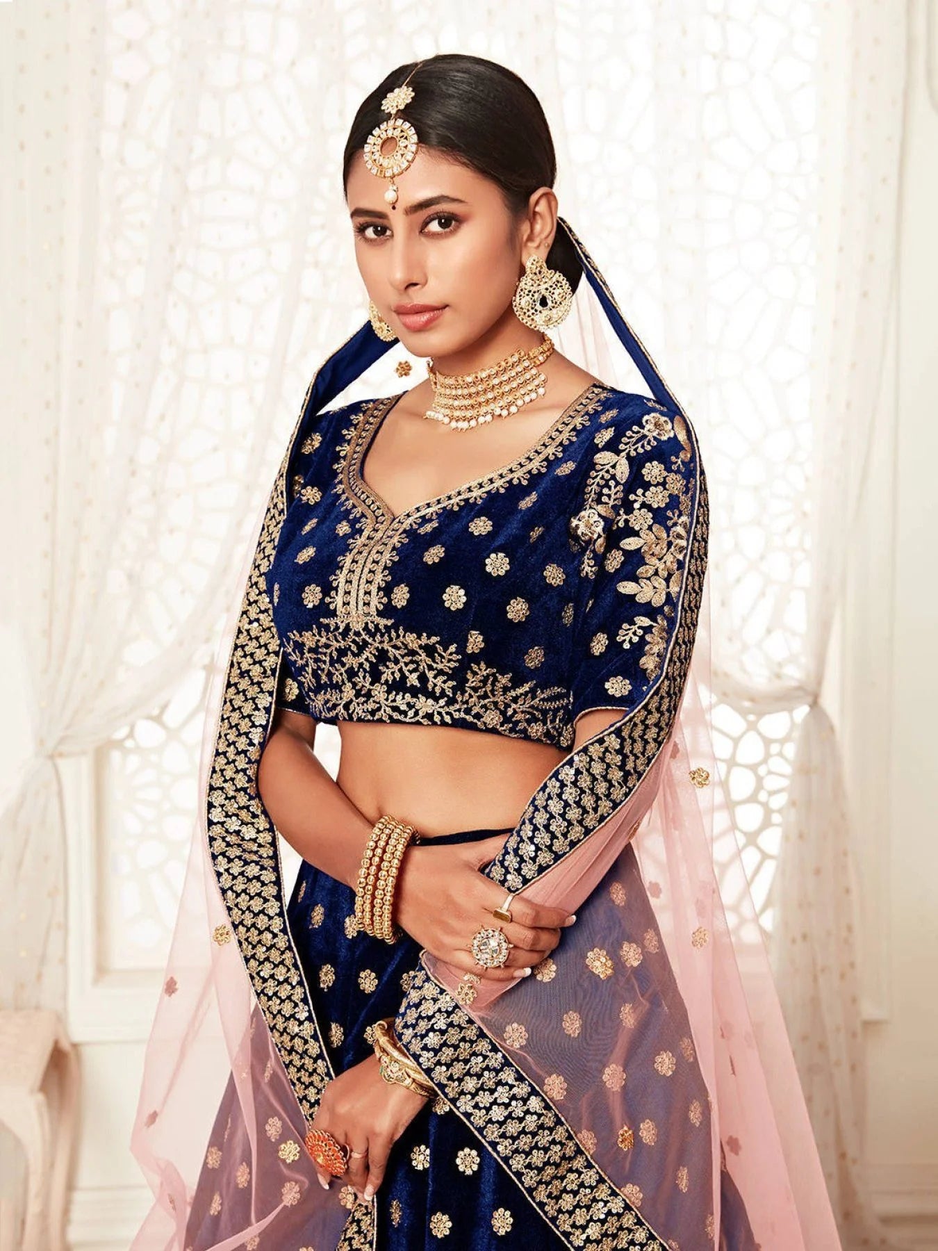 Royal Velvet Wedding Lehenga Choli Navy Blue Velvet with Heavy Floral Zari Sequins Work