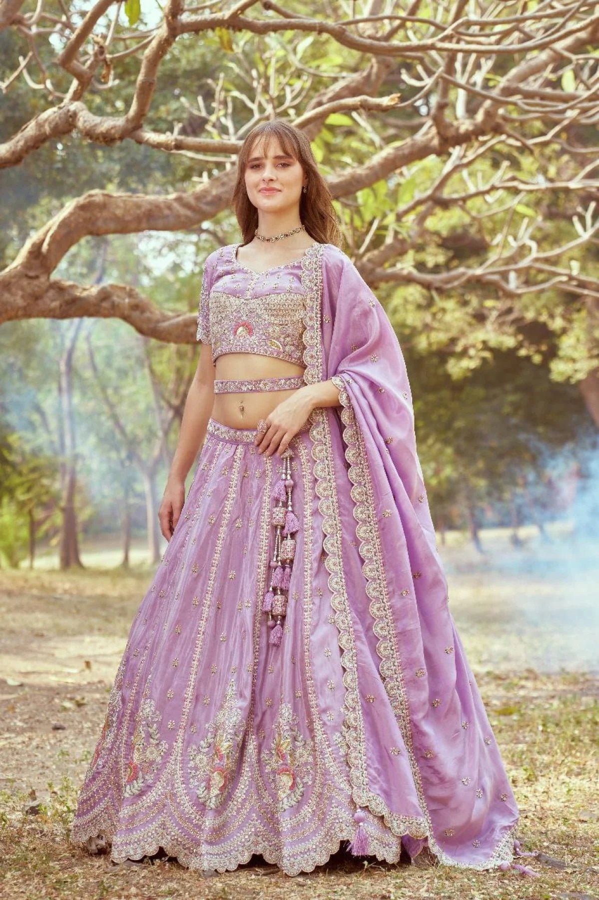 Luxury Heavy Bridal Tissue Lehenga Lavender Gold Multi Embroidery Cream Crush Moti Dupatta Surat Export Design Trendy Collection for Dealers