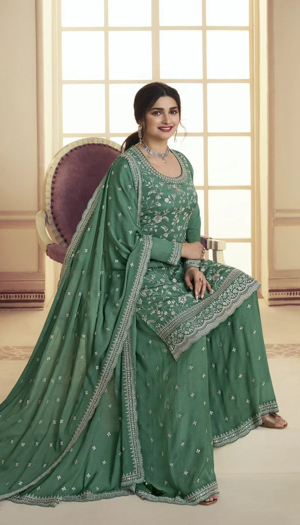 Beautiful Chinon Embroidered Work Sharara Suits Collection