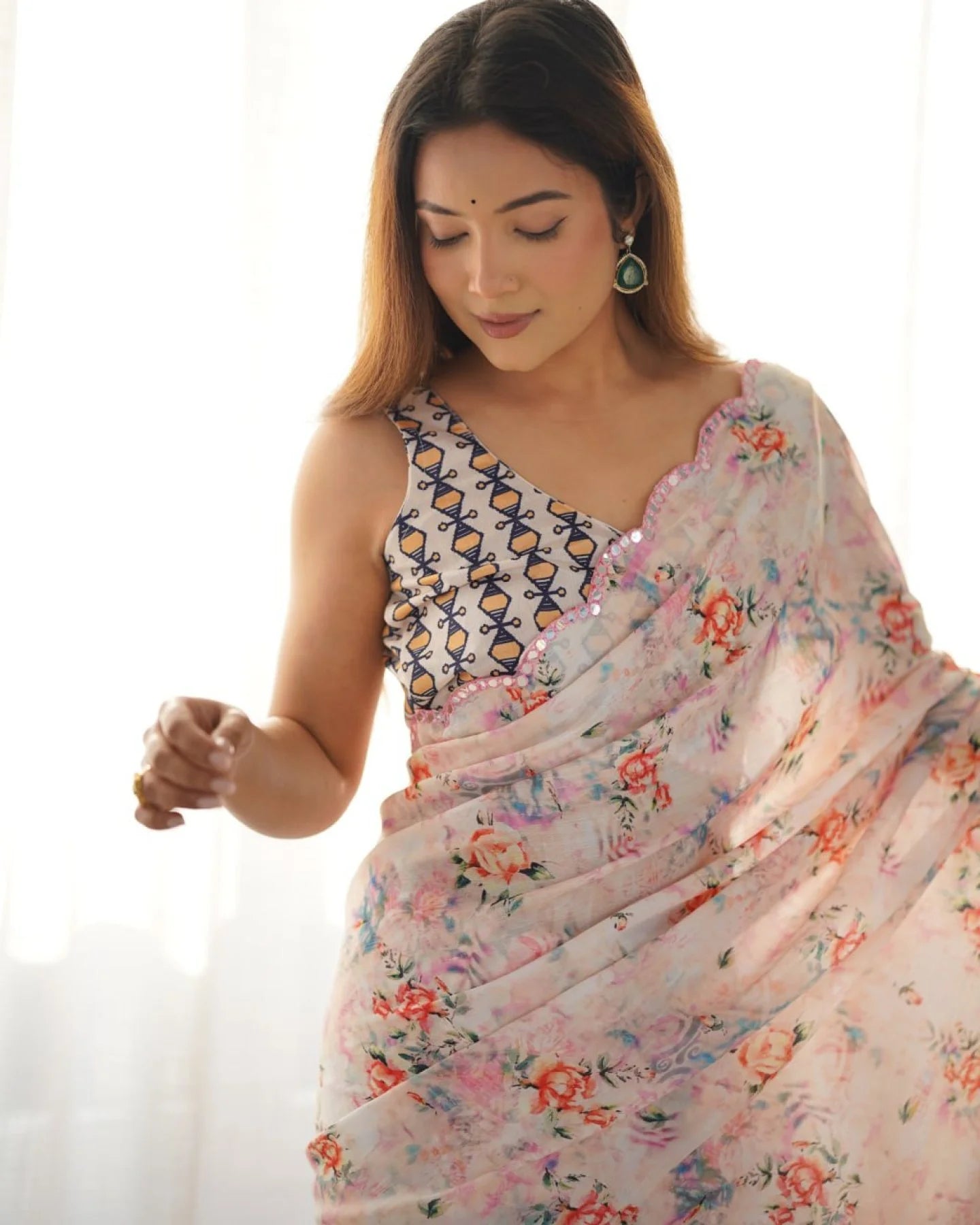 Premium Peach Chinon Saree with Digital Print Mirror Lace Border Designer Party Wear from Surat