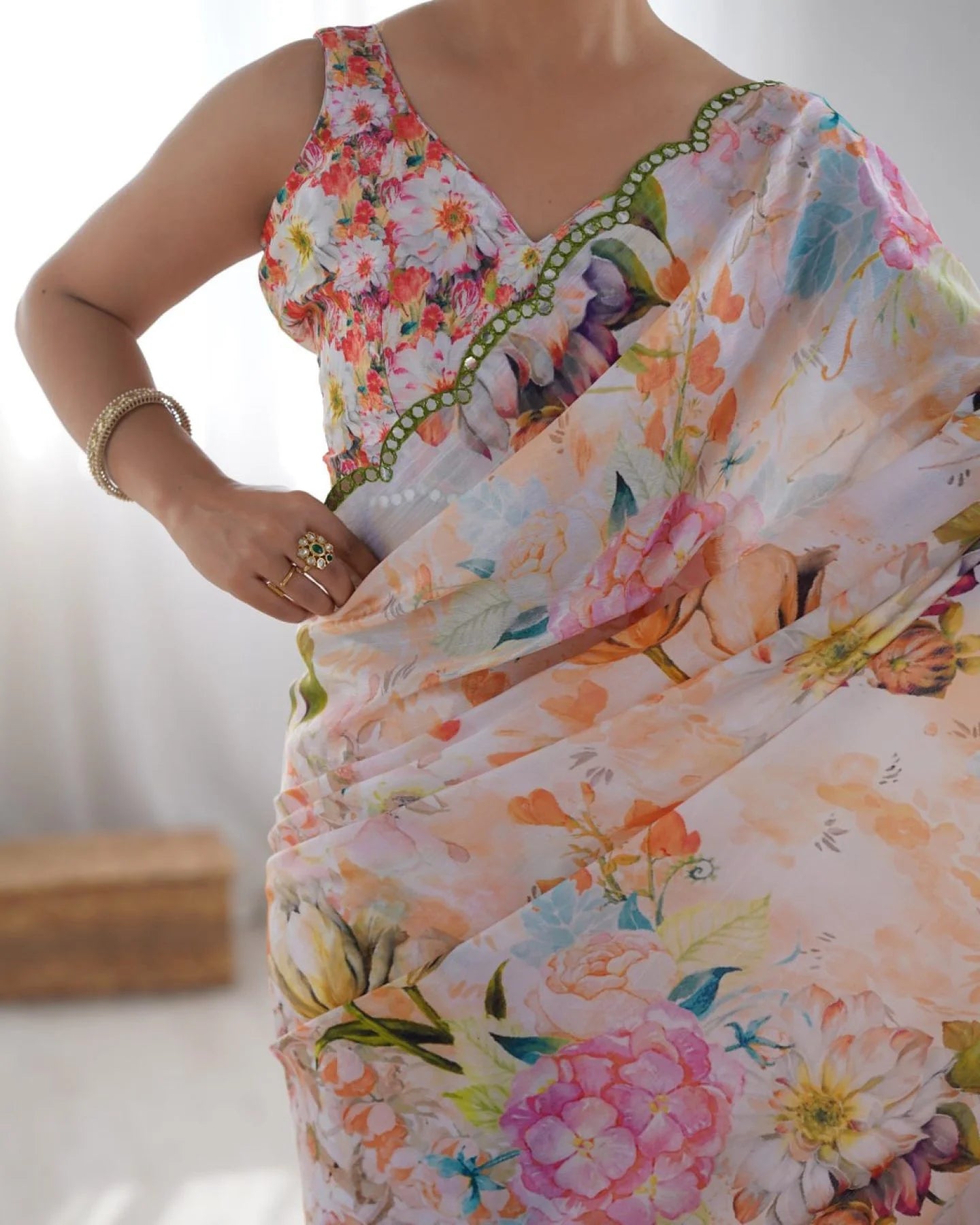 Attractive Floral Chinon Saree with Traditional Kutchi Mirror Lace & Matching Blouse Ethnic Designer Wear from Surat