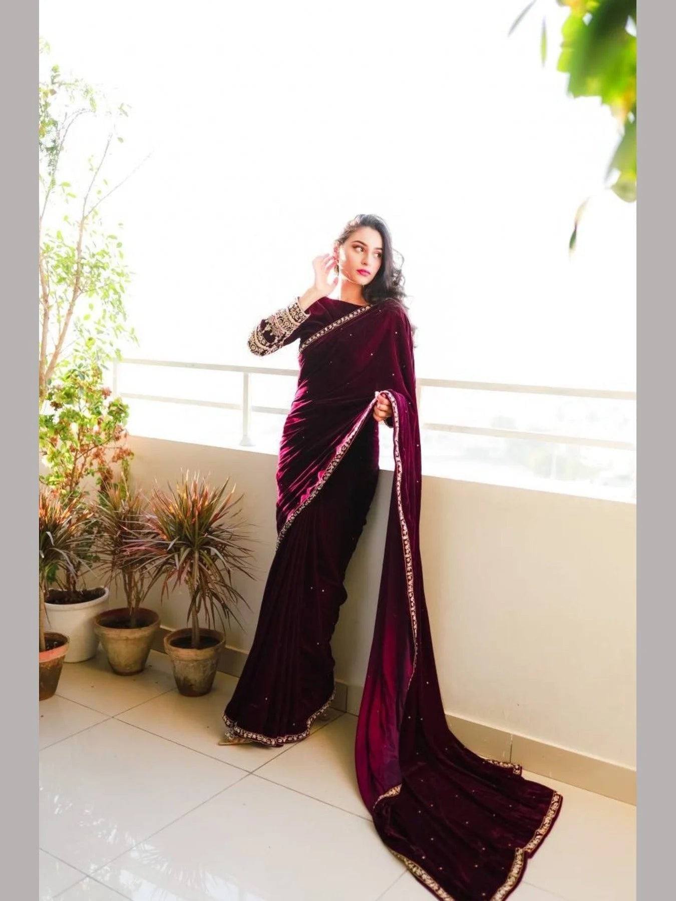Designer Bollywood Style Velvet saree with embroidery work