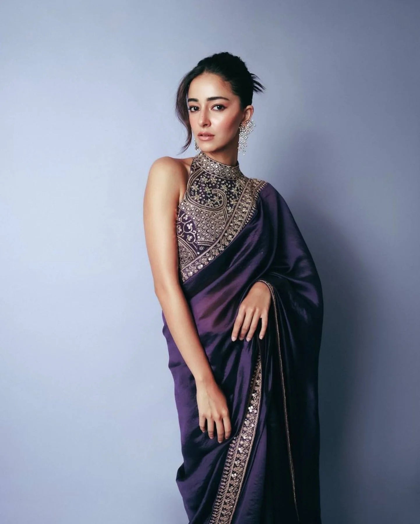 ananya Bollywood Celebrity Purple Saree Partywear in Jimmi Choo Fabric with Starry Sequins Wholesale Price