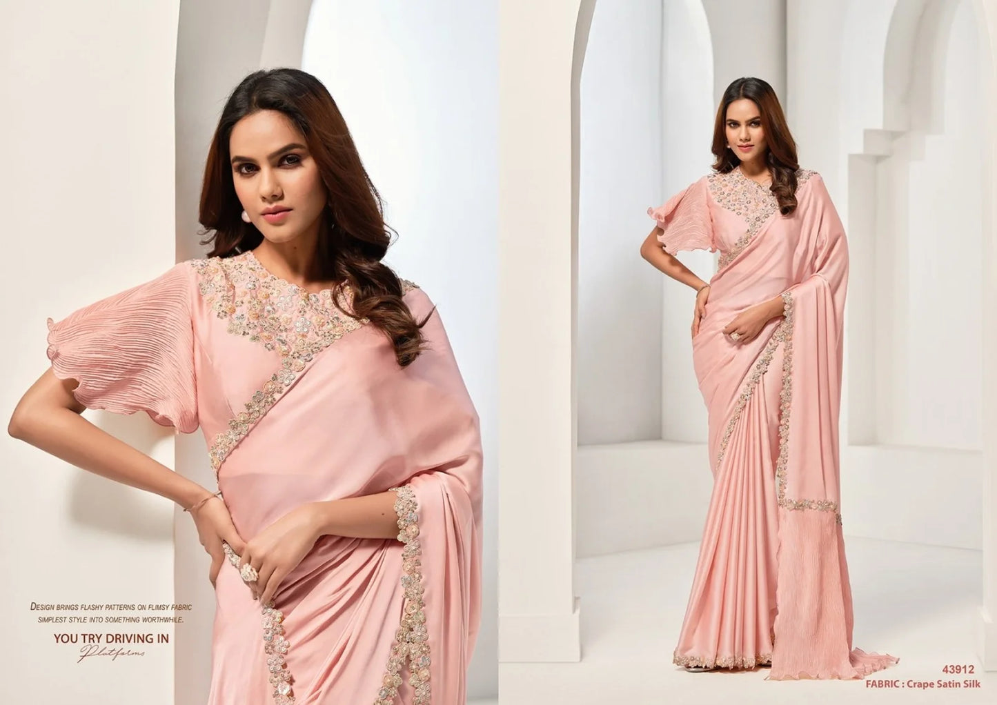 Party Wear Crape Satin Silk Saree Collection Norita 43900 Series Saanjh Catalog