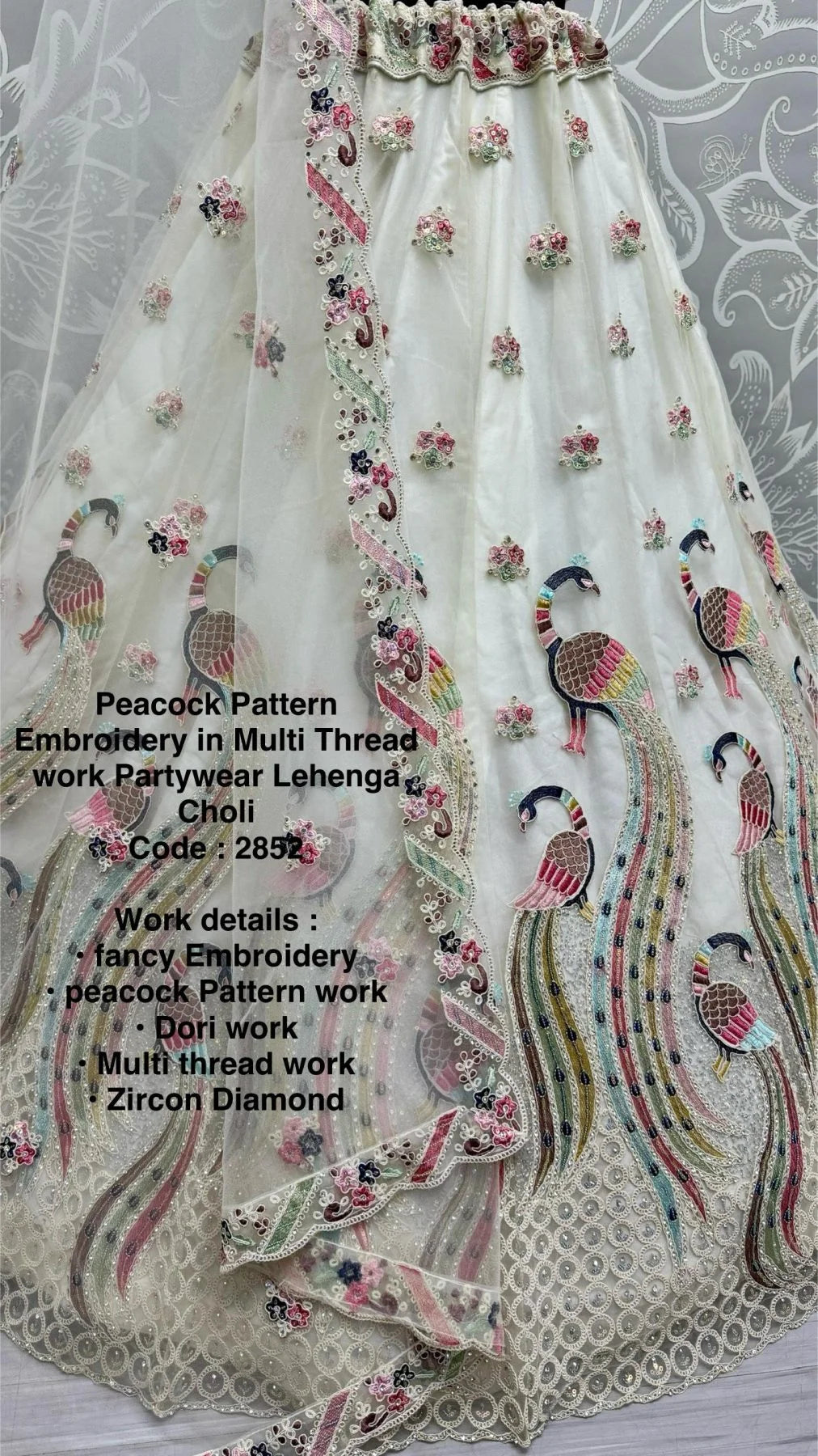 Peacock Pattern Multi-Thread Embroidered Net Lehenga Choli 2025 Partywear Collection from Surat Manufacturer