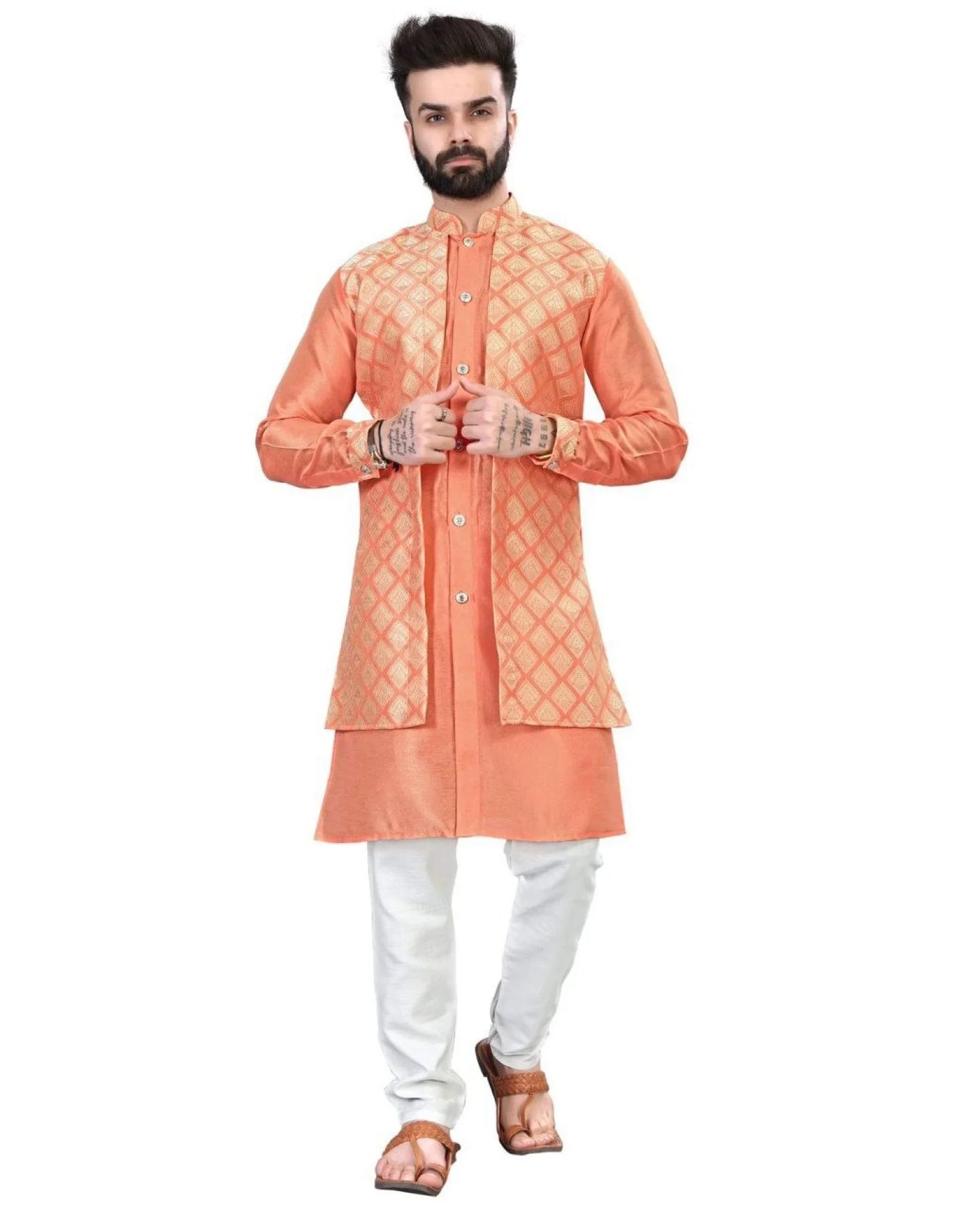 Unmatched Men's Kurta with Attached Koti - Traditional Bangalori Silk with Semi-Cotton Pyjama