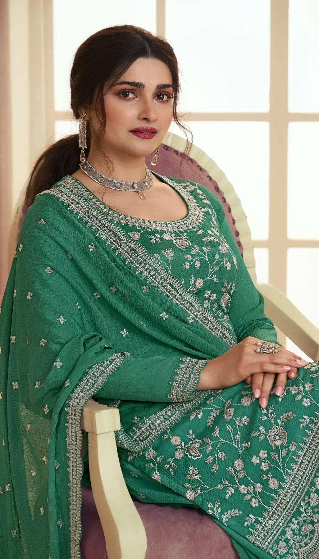 Beautiful Chinon Embroidered Work Sharara Suits Collection
